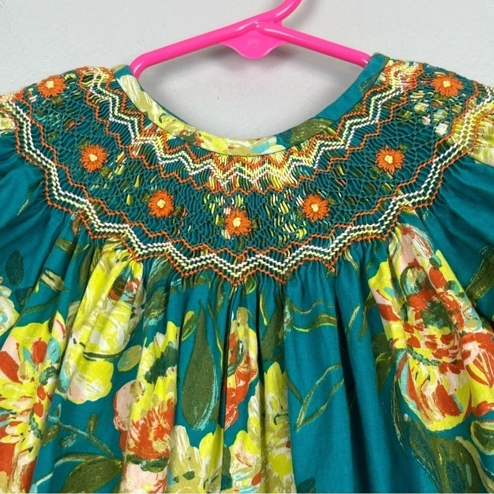 Le’ Za Me green yellow orange smocked full length balloon jumper, size 12 mos.